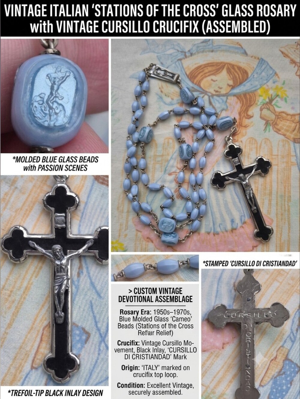 🌙Vintage 50s Italian Glass Stations of the Cross Rosary Cursillo Crucifix